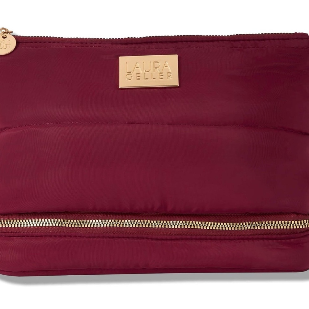Laura Geller Burgundy Quilted Zip Pouch with Gold Hardware